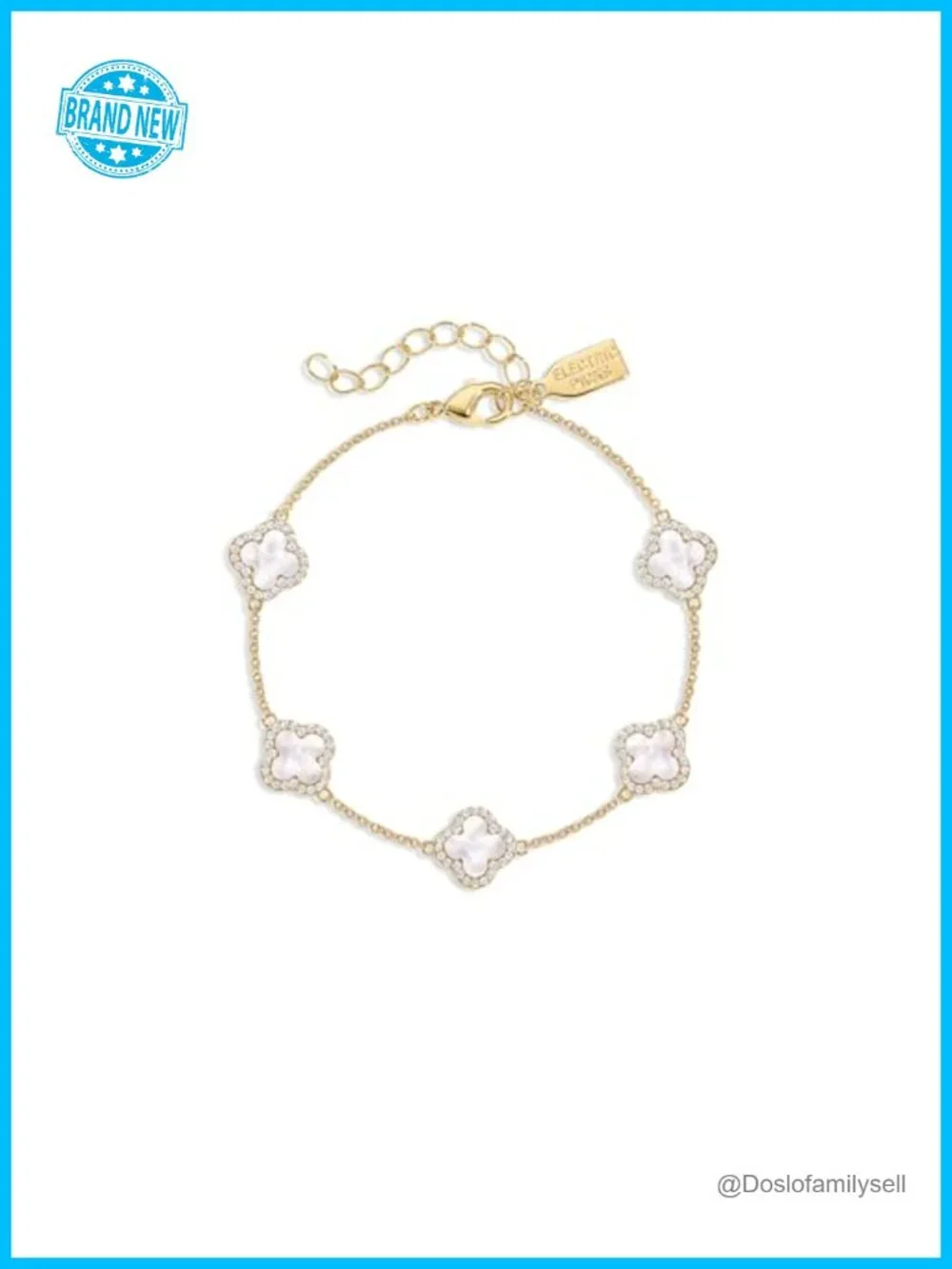 14k Gold Plated White Mother of Pearl Clover Charm Bracelet, Adjustable 6-7.5